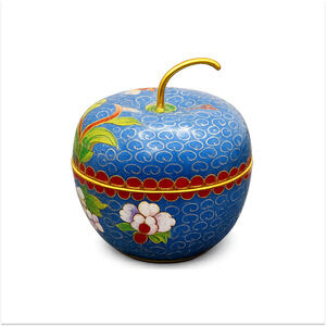 Vintage Chinese Cloisonne Enamel Apple Trinket Box Blue Floral Brass Lidded 3"